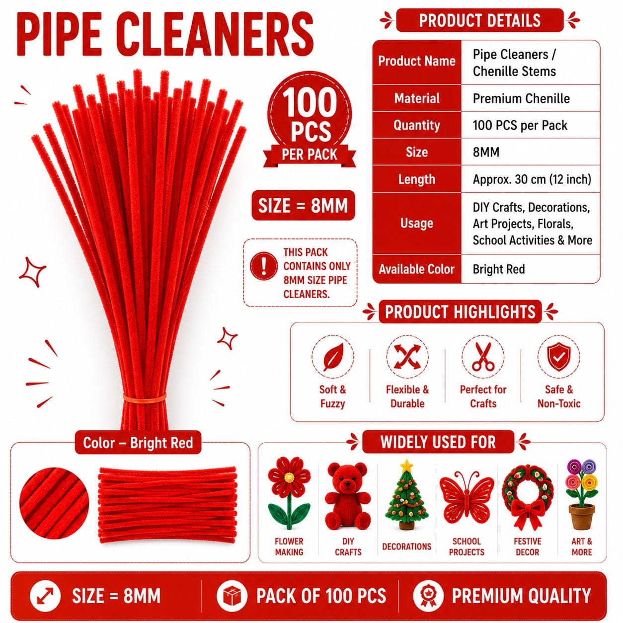 Premium Pipe Cleaners 8MM (Bright Red)