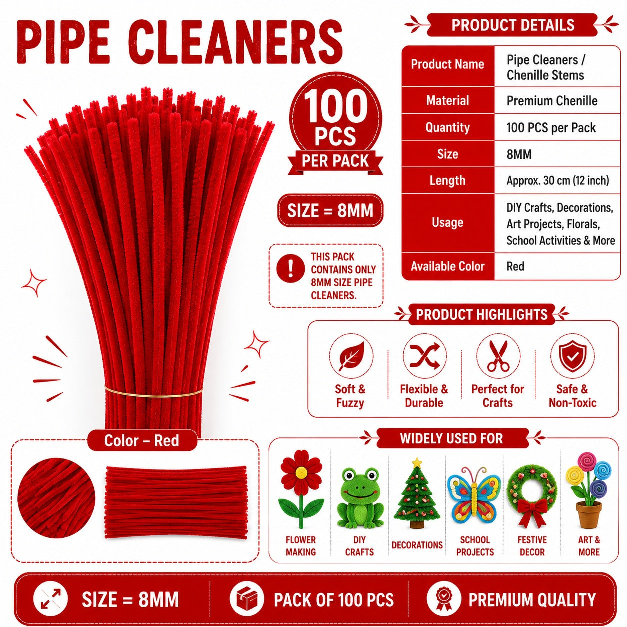 Premium Pipe Cleaners 8MM (Red)