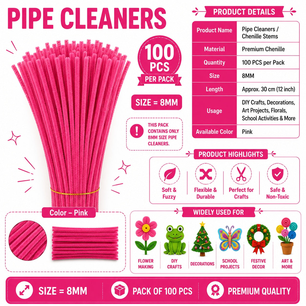 Premium Pipe Cleaners 8MM (Pink)