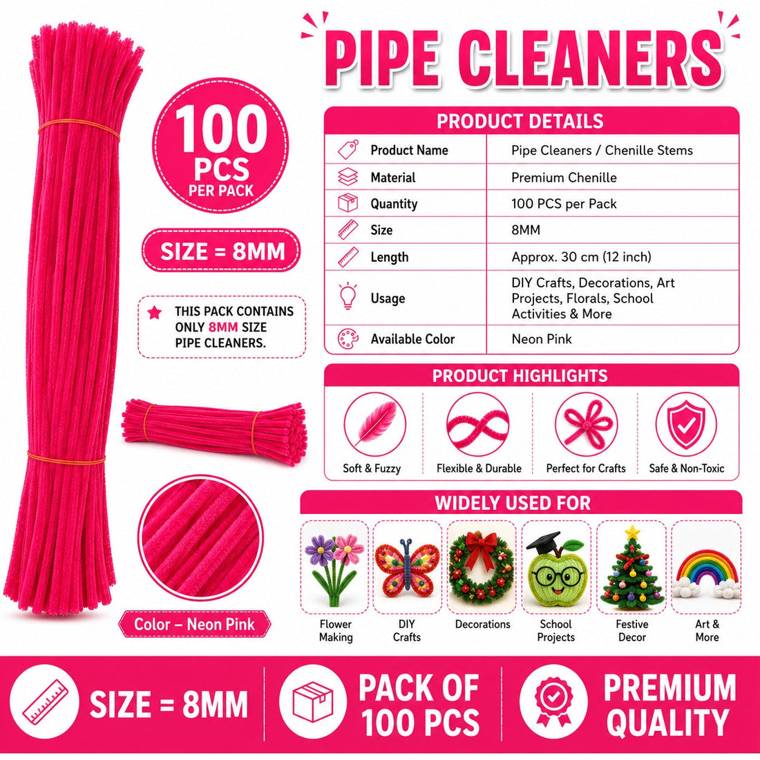 Premium Pipe Cleaners 8MM (Neon Pink)