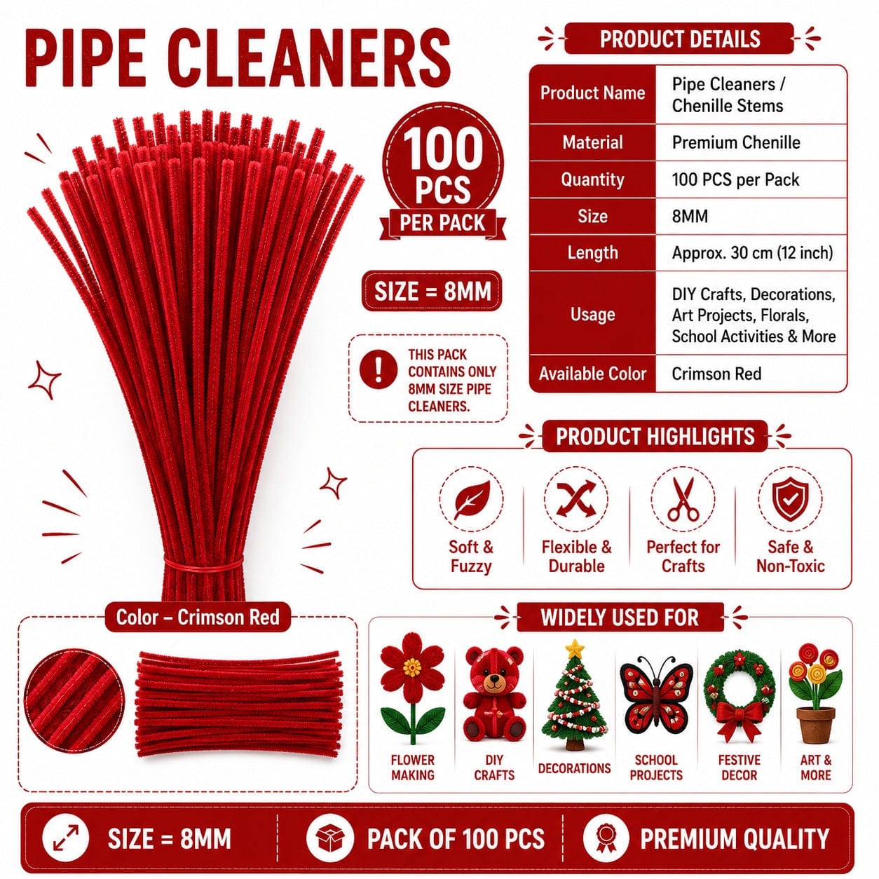 Premium Pipe Cleaners 8MM (Crimson Red)