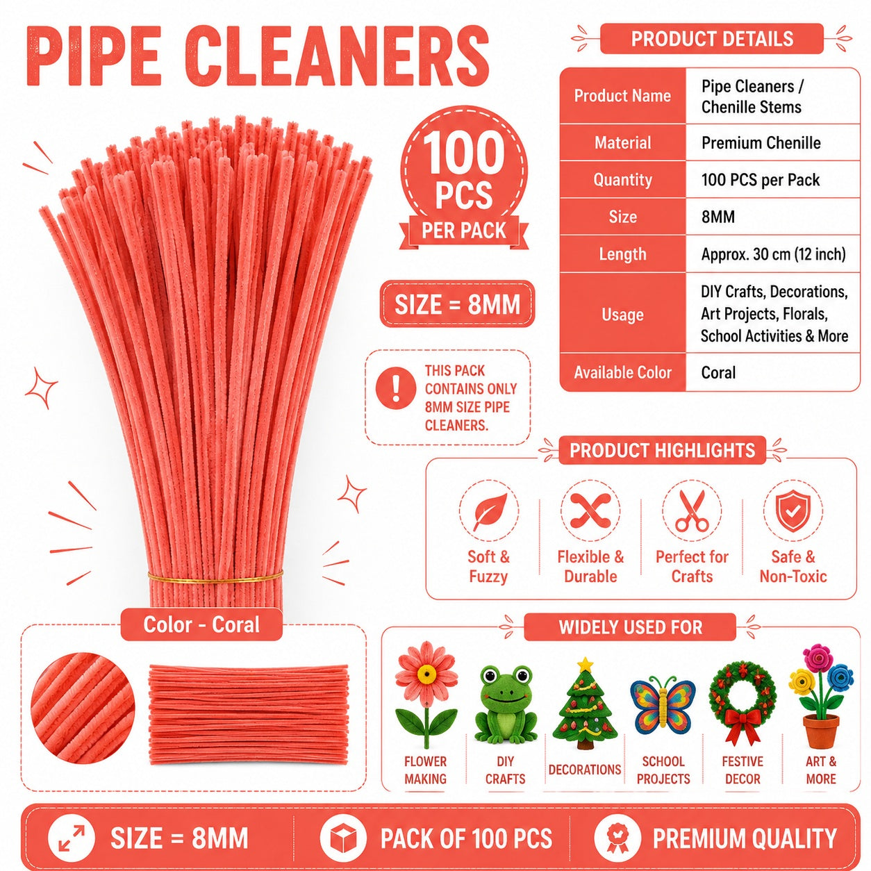 Premium Pipe Cleaners 8MM (Coral)
