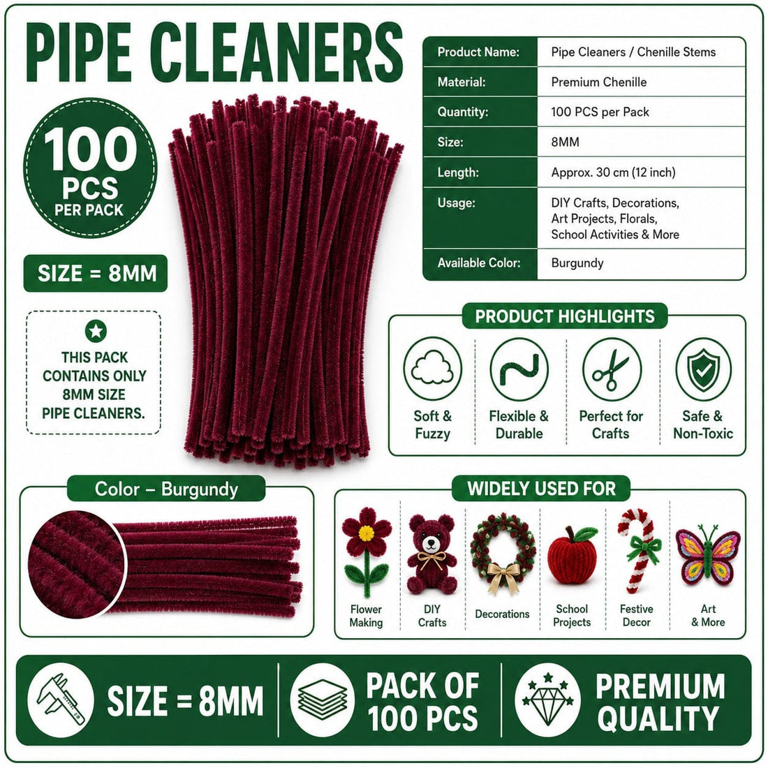 Premium Pipe Cleaners 8MM (Burgundy)