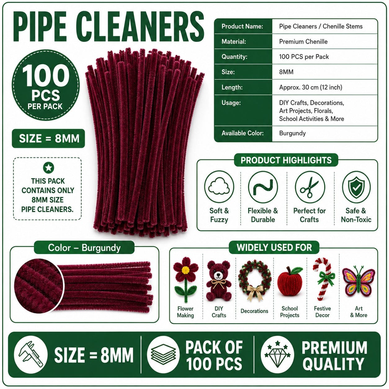 Premium Pipe Cleaners 8MM (Burgundy)