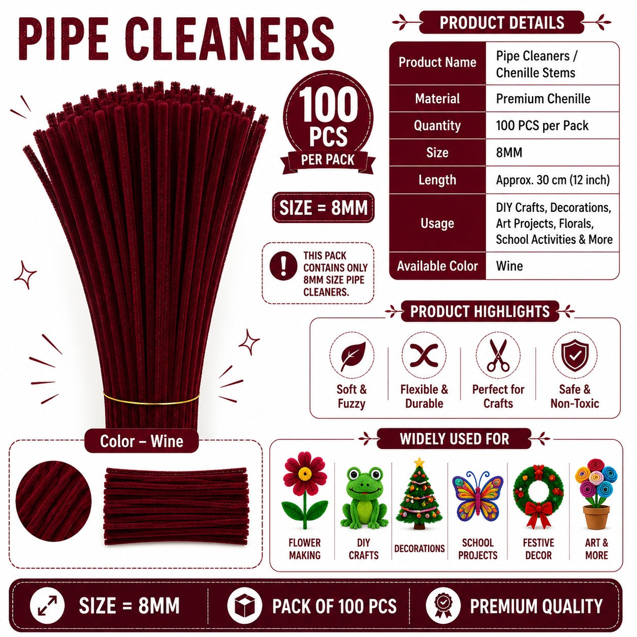 Premium Pipe Cleaners 8MM (Wine)