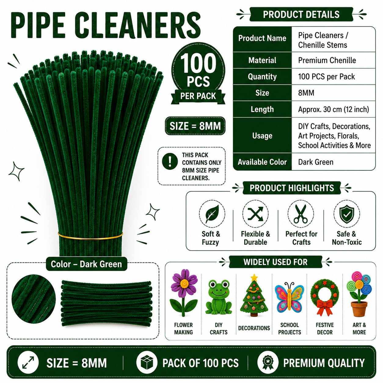Premium Pipe Cleaners 8MM (Dark Green)