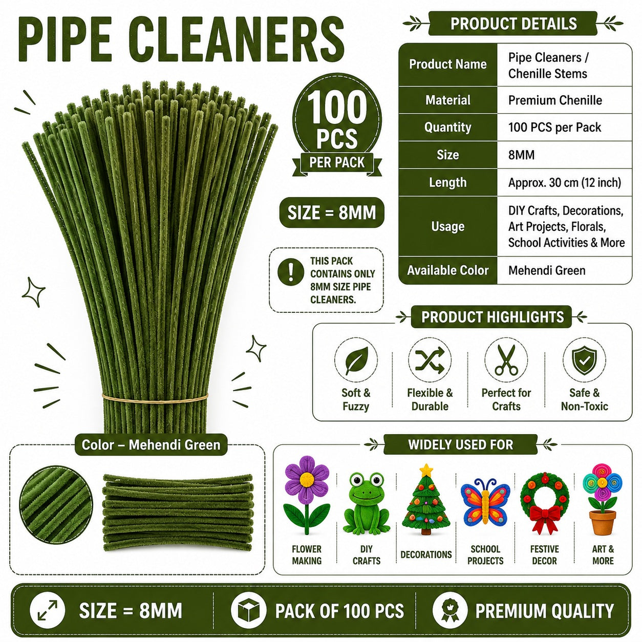 Premium Pipe Cleaners 8MM (Mehendi Green)