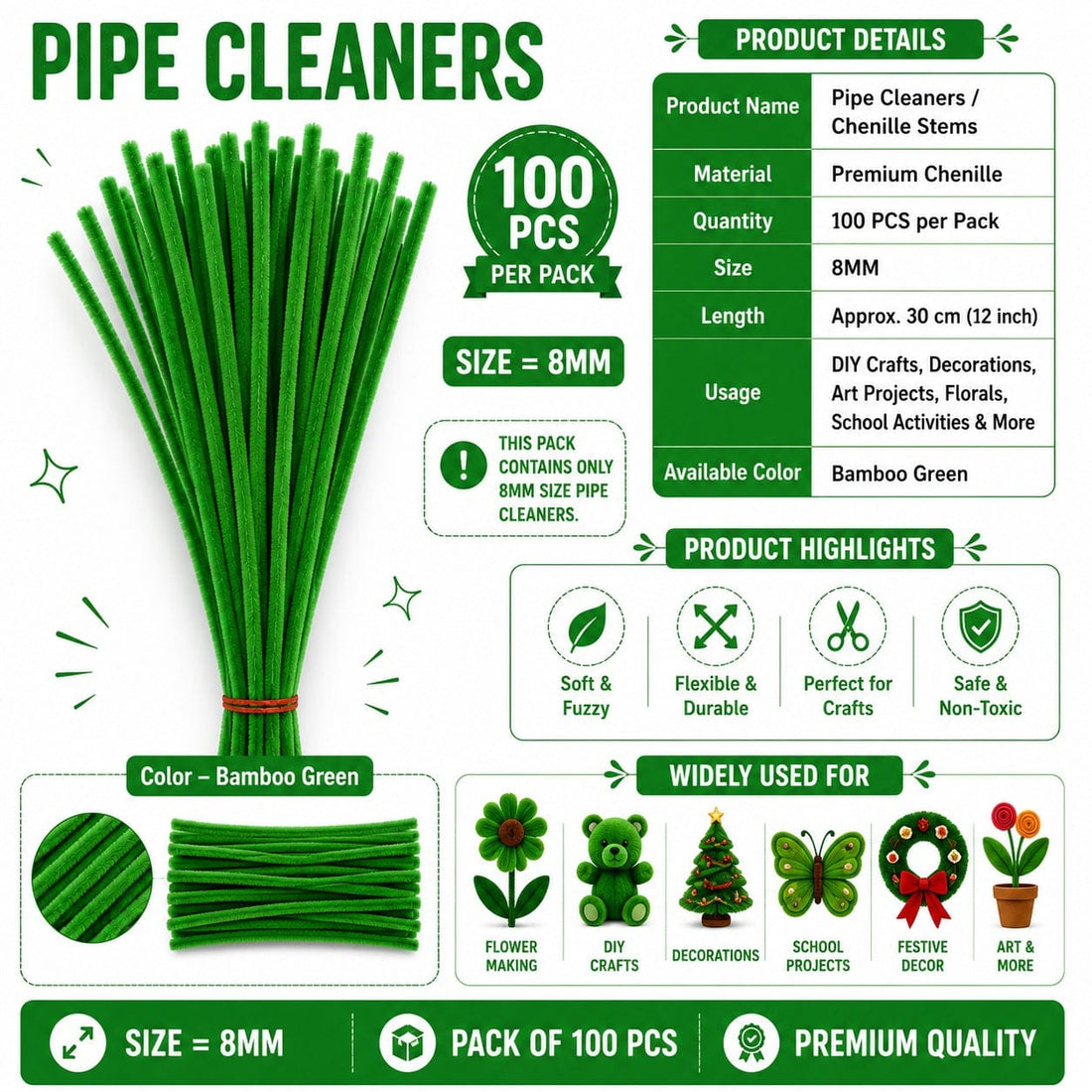 Premium Pipe Cleaners 8MM (Bamboo Green)