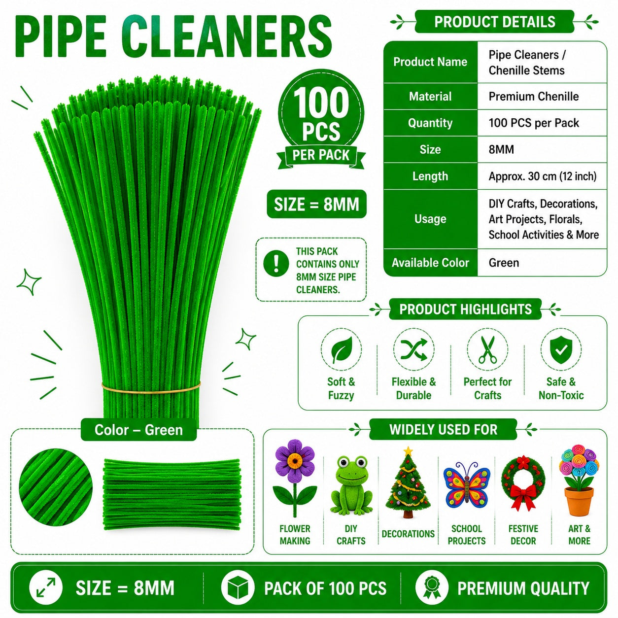 Premium Pipe Cleaners 8MM (Green)