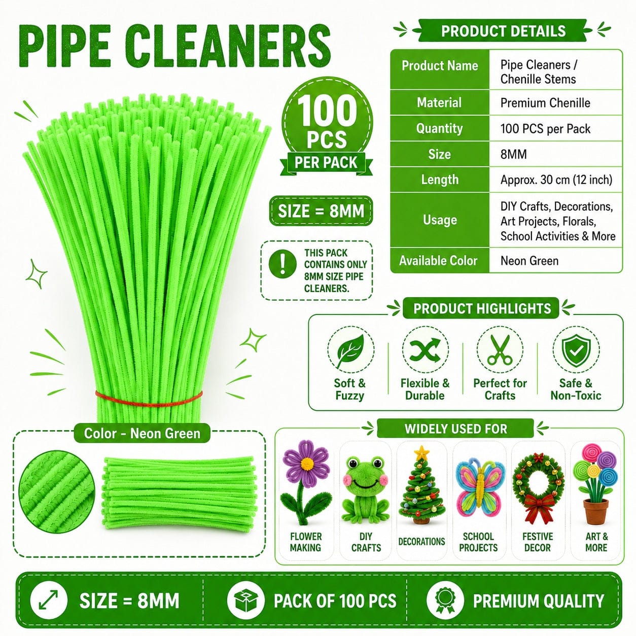 Premium Pipe Cleaners 8MM (Neon Green)