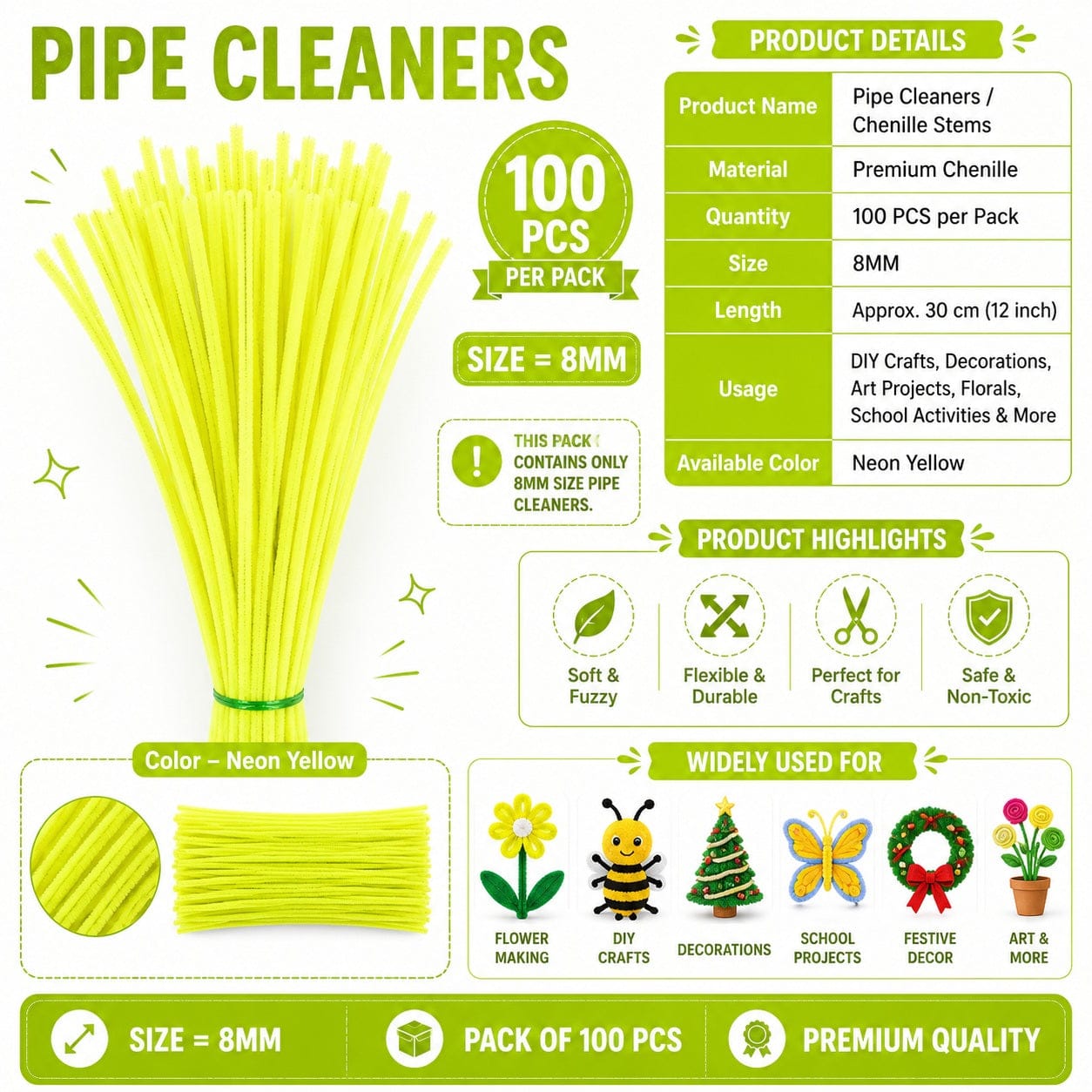 Premium Pipe Cleaners 8MM (Neon Yellow)