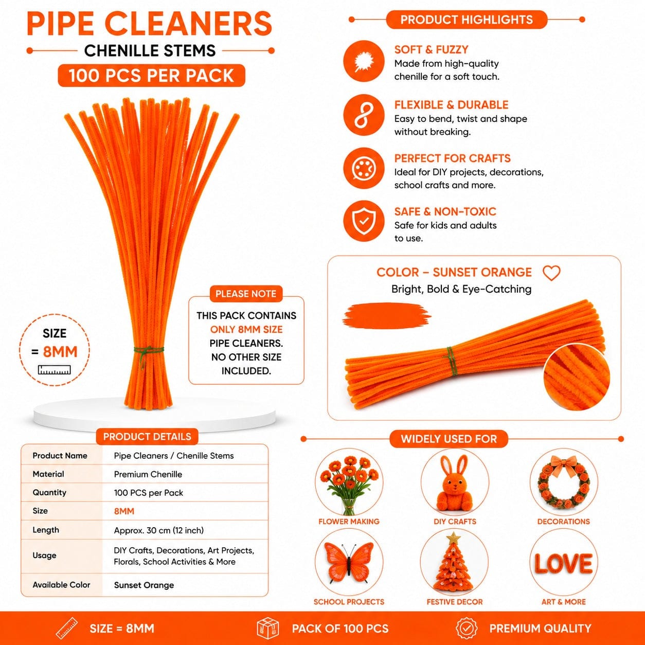 Premium Pipe Cleaners 8MM (Sunset Orange)