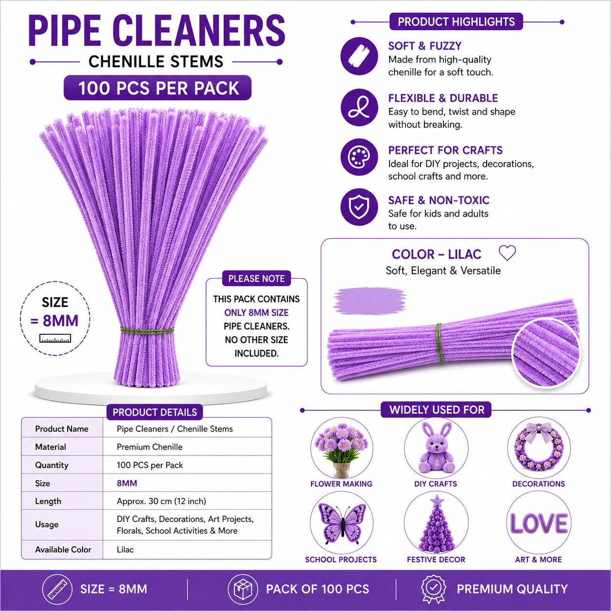 Premium Pipe Cleaners 8MM (Lilac)