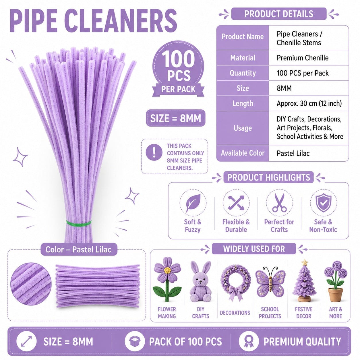 Premium Pipe Cleaners 8MM (Pastel Lilac)