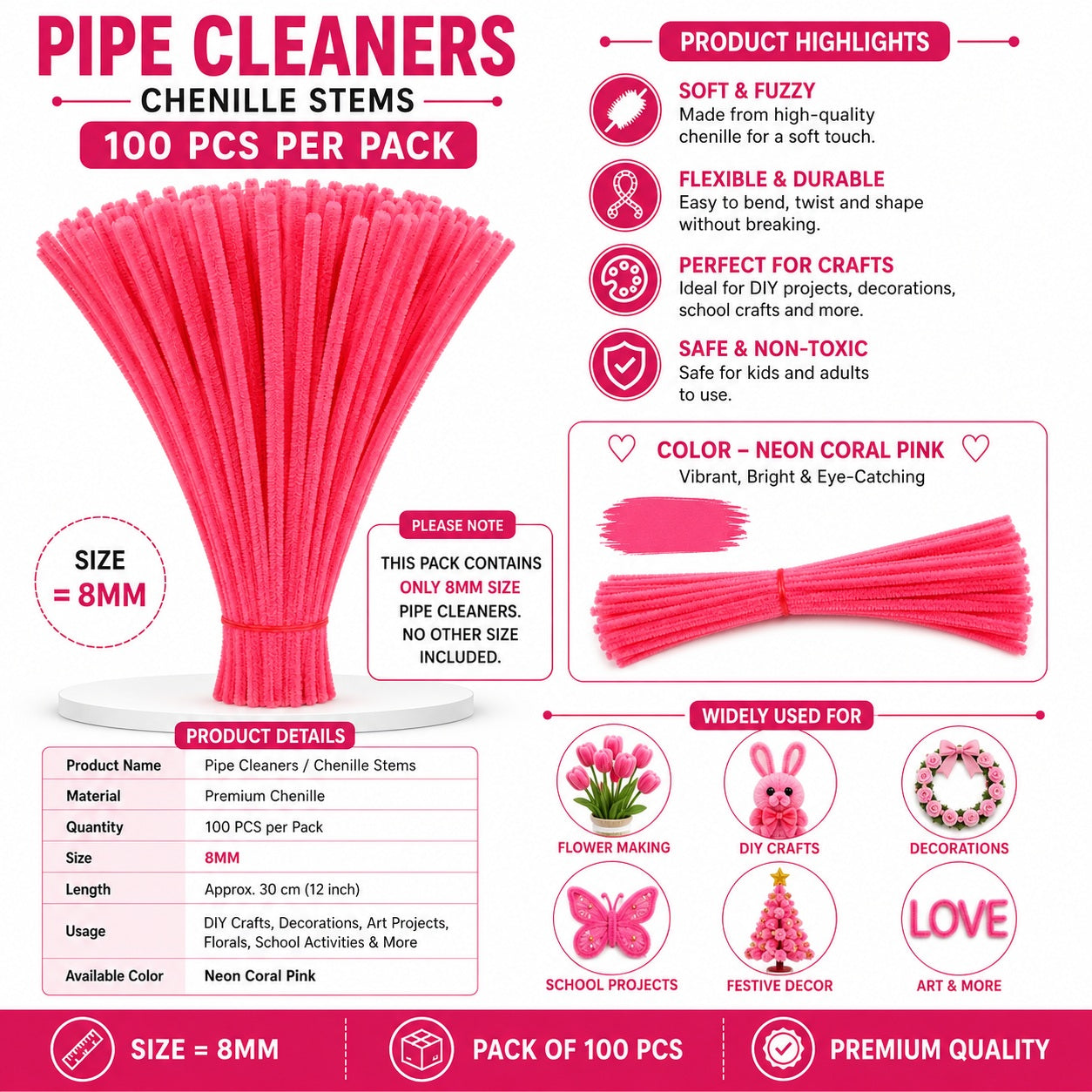 Premium Pipe Cleaners 8MM (Neon Coral Pink)