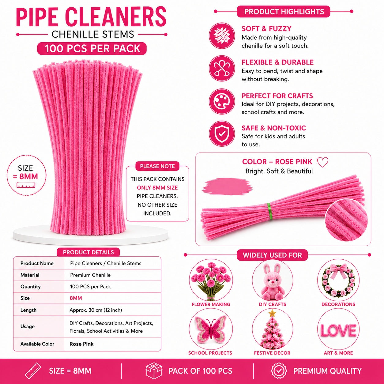 Premium Pipe Cleaners 8MM (Rose Pink)
