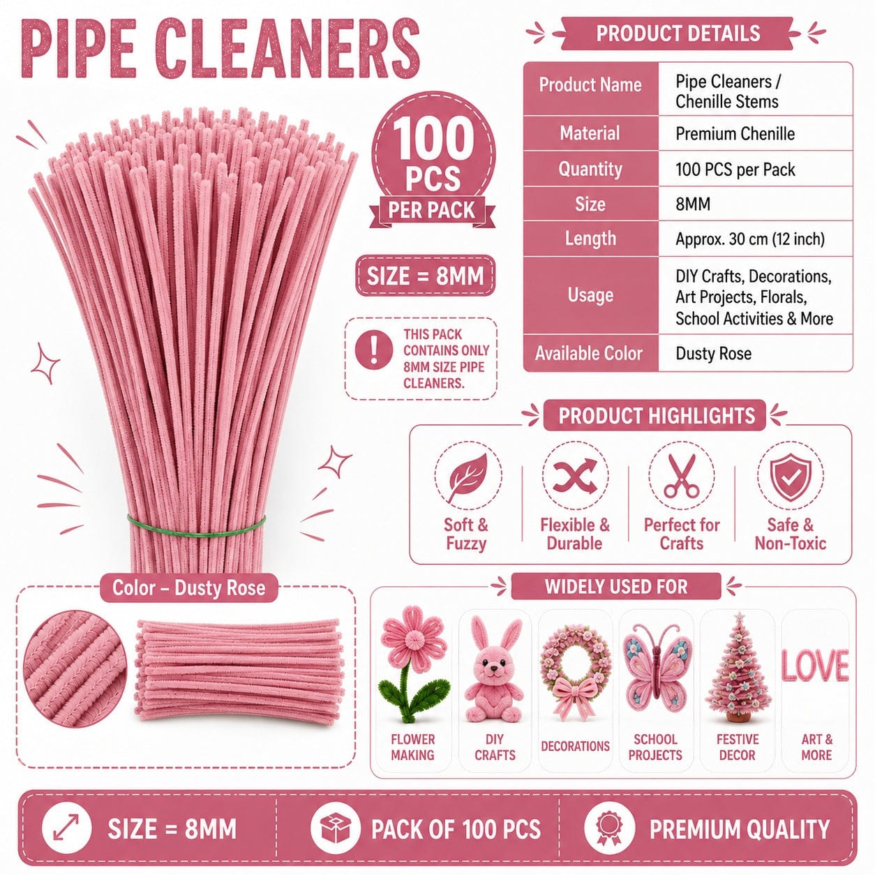 Premium Pipe Cleaners 8MM (Dusty Rose)
