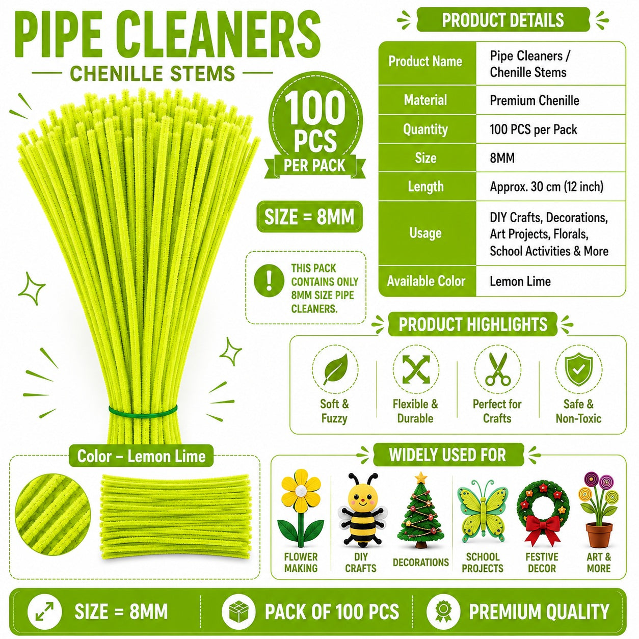 Premium Pipe Cleaners 8MM (Lemon Lime)