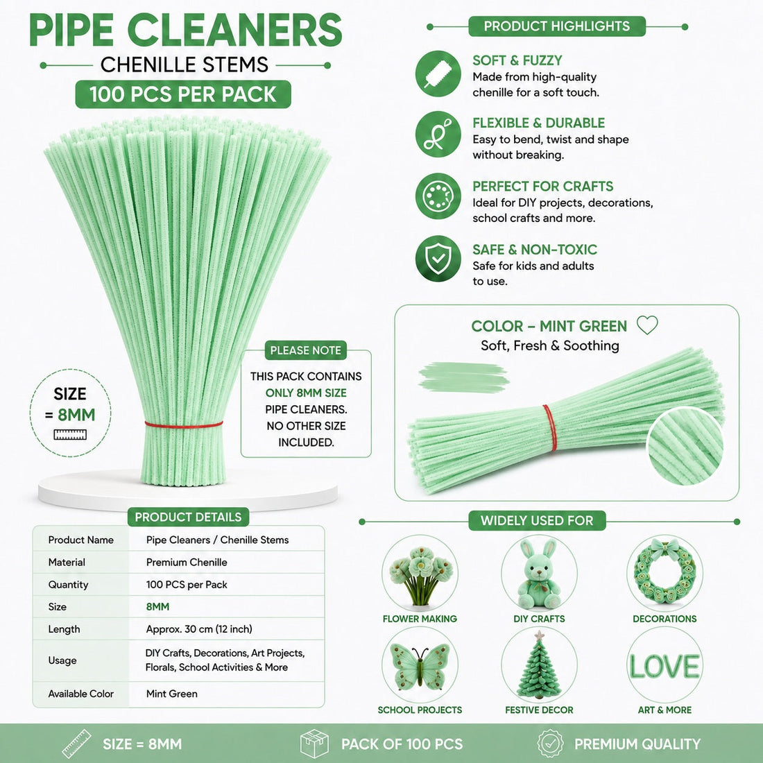 Premium Pipe Cleaners 8MM (Mint Green)
