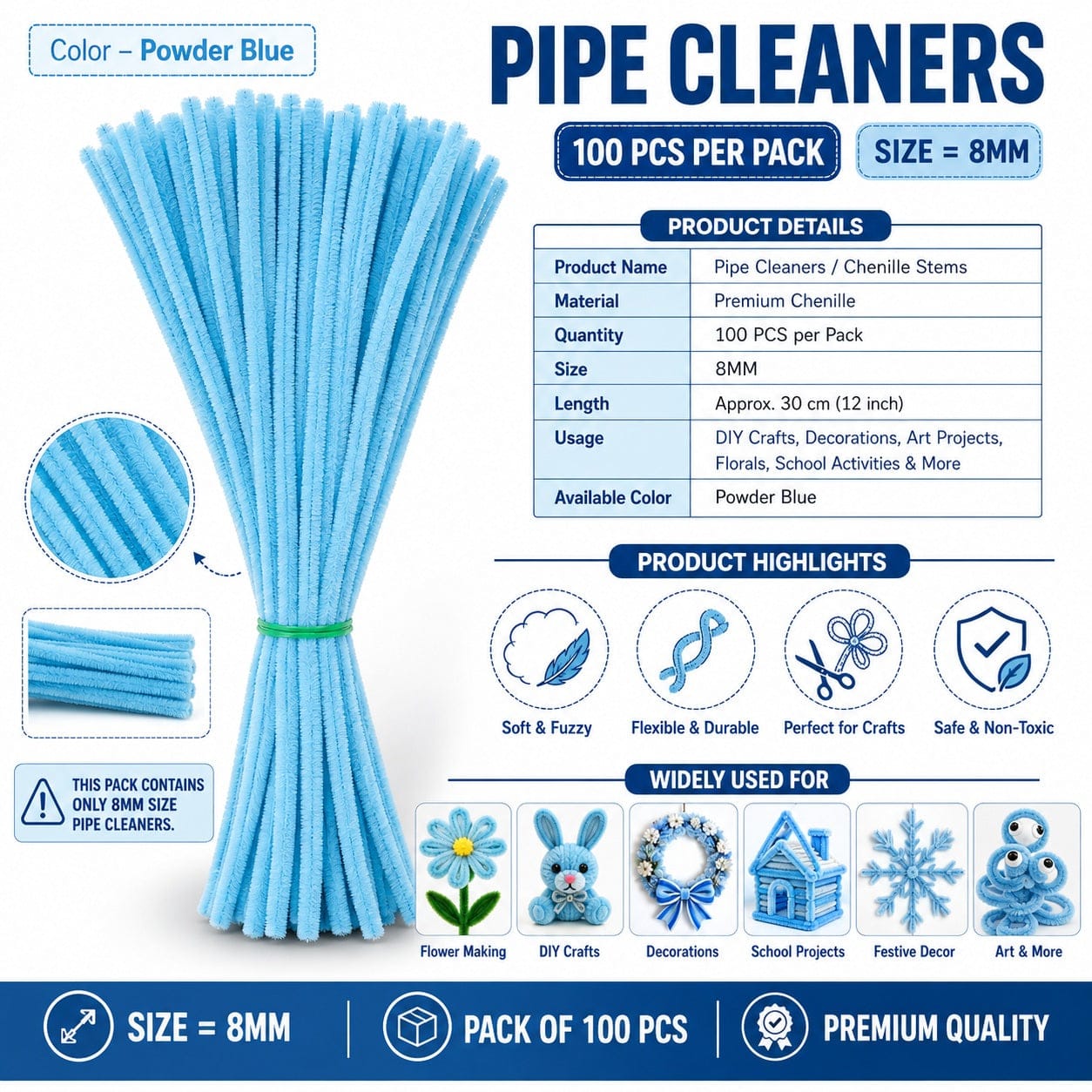 Premium Pipe Cleaners 8MM (Powder Blue)