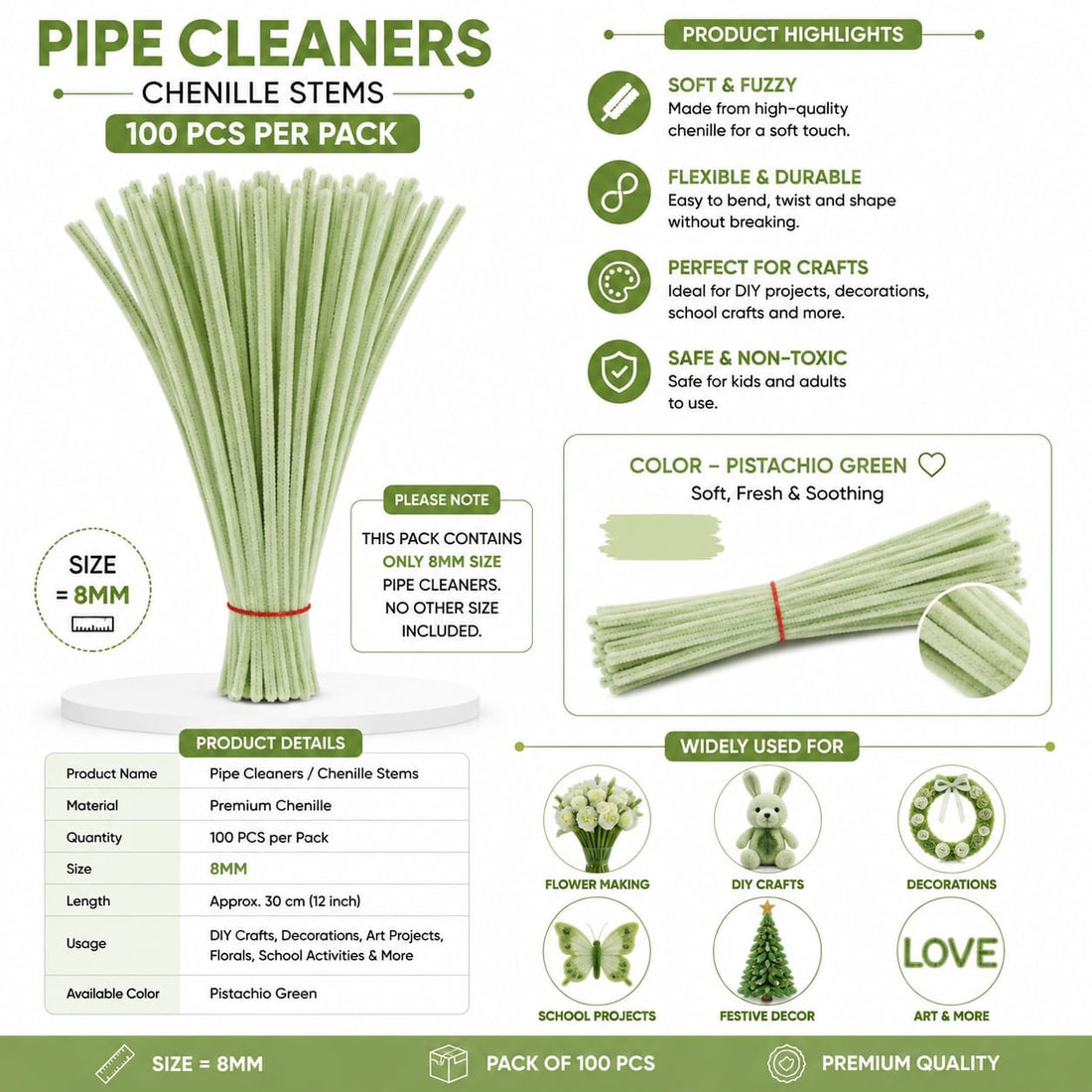 Crafteria Pistachio Green Premium Pipe Cleaners (8MM  Approx.)
