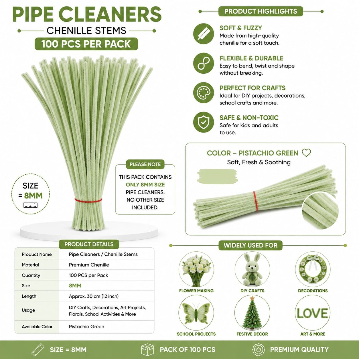 Crafteria Pistachio Green Premium Pipe Cleaners (8MM  Approx.)