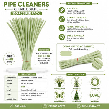 Crafteria Pistachio Green Premium Pipe Cleaners (8MM  Approx.)